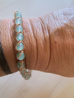 Hand Crafted Aqua Bead Bracelet with Copper Wire Wrap